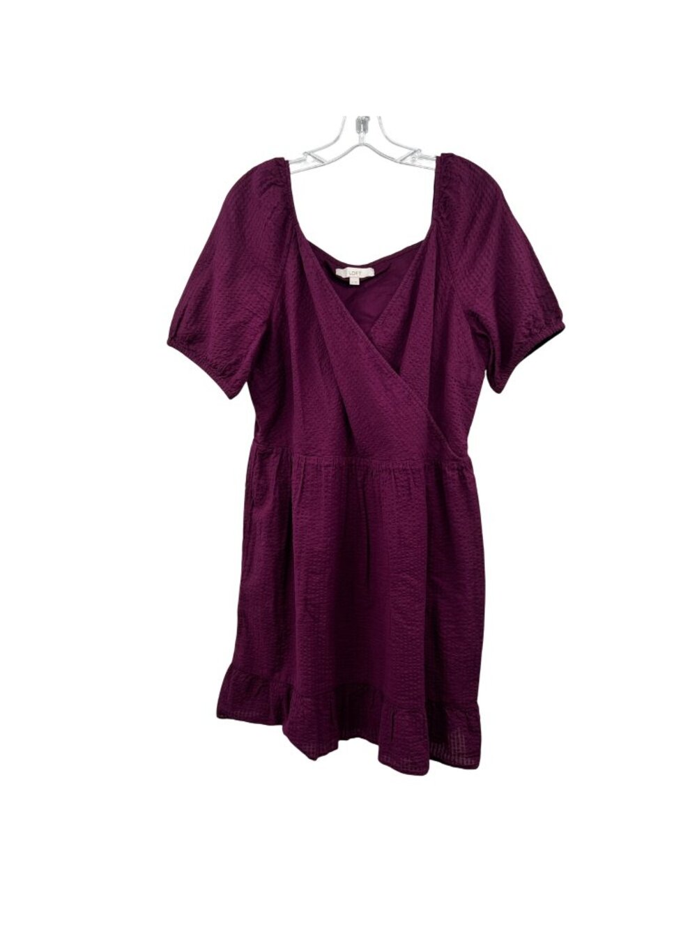 LOFT Womens Crinkle Flounce Dress Surplice Purple Short Sleeve Size 14